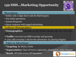 139 SMS…Marketing Opportunity
Description
• India’s only 3 digit short code for Rail Enquiry
• Pan India operations
• Instant Response
• Query response with tagged advertising

Audience Demographics
Demographics: Traveller on rail, Mobile Literate, age: low 20s to low
40s
Traffic: 100.000 Lac SMS everyday and growing
 5 lac calls everyday ( Ads for the advertisers by playing Jingles)

Value to Advertisers
 Targeting: By Metro, Circle
 Segmentation: Class of travel, origination, destination, train category
 Reach: All India across All Operators

 