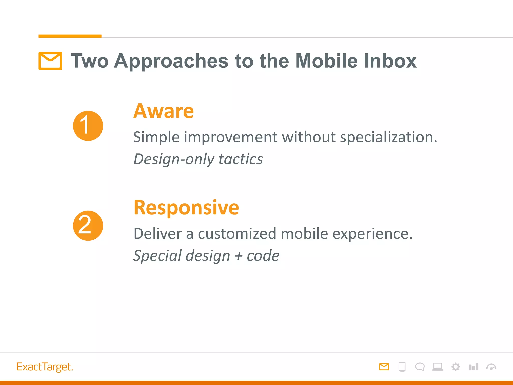 Two Approaches to the Mobile Inbox
Aware
Simple improvement without specialization.
Design-only tactics
Responsive
Deliver a customized mobile experience.
Special design + code
1
2
 