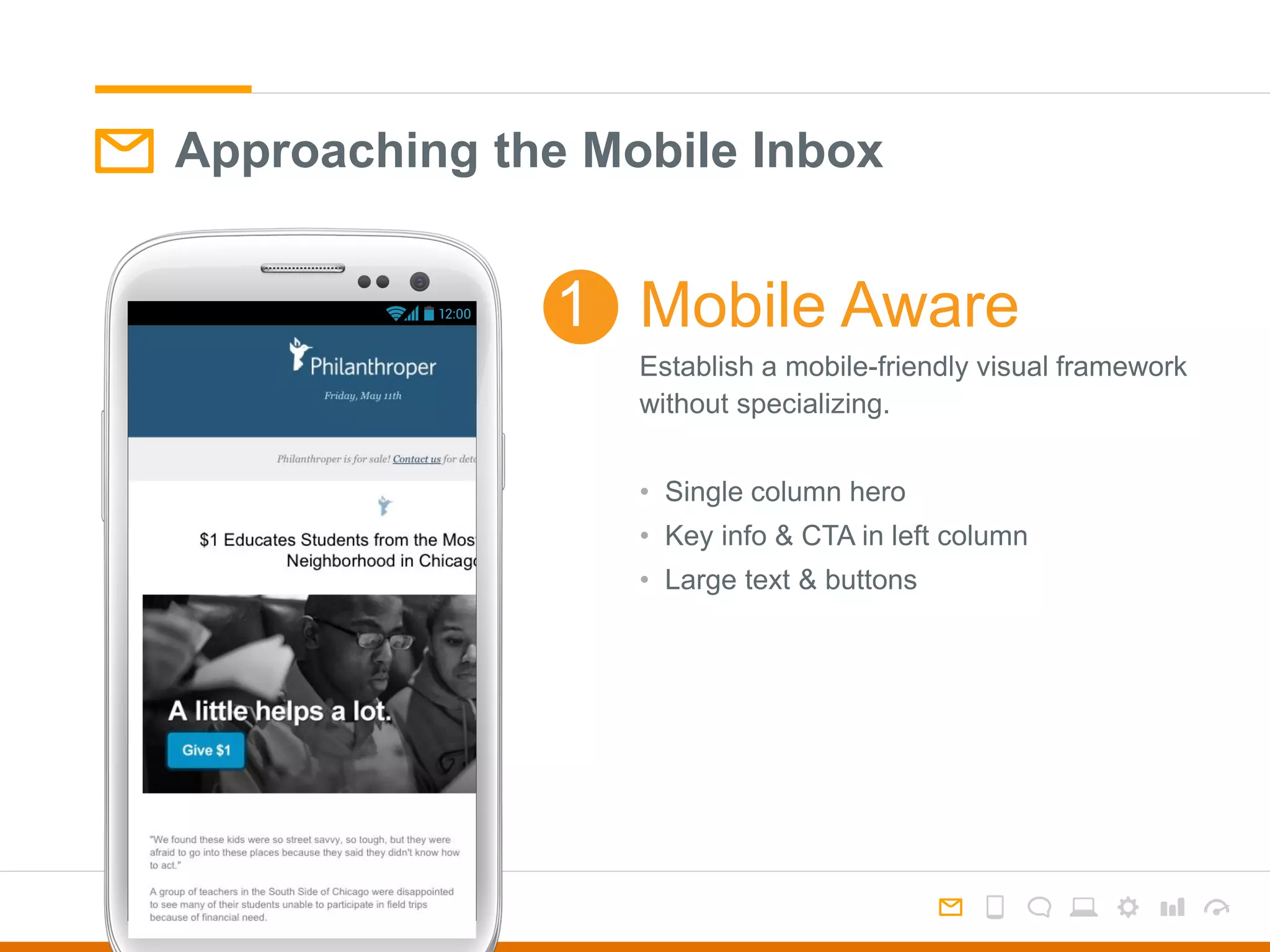 Approaching the Mobile Inbox
Establish a mobile-friendly visual framework
without specializing.
• Single column hero
• Key info & CTA in left column
• Large text & buttons
Mobile Aware1
 