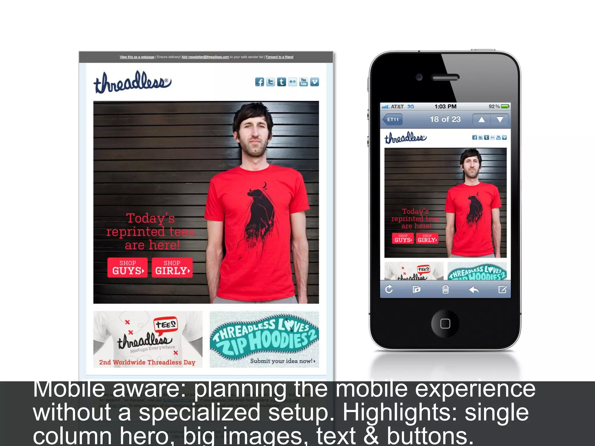 Mobile aware: planning the mobile experience
without a specialized setup. Highlights: single
column hero, big images, text & buttons.
 