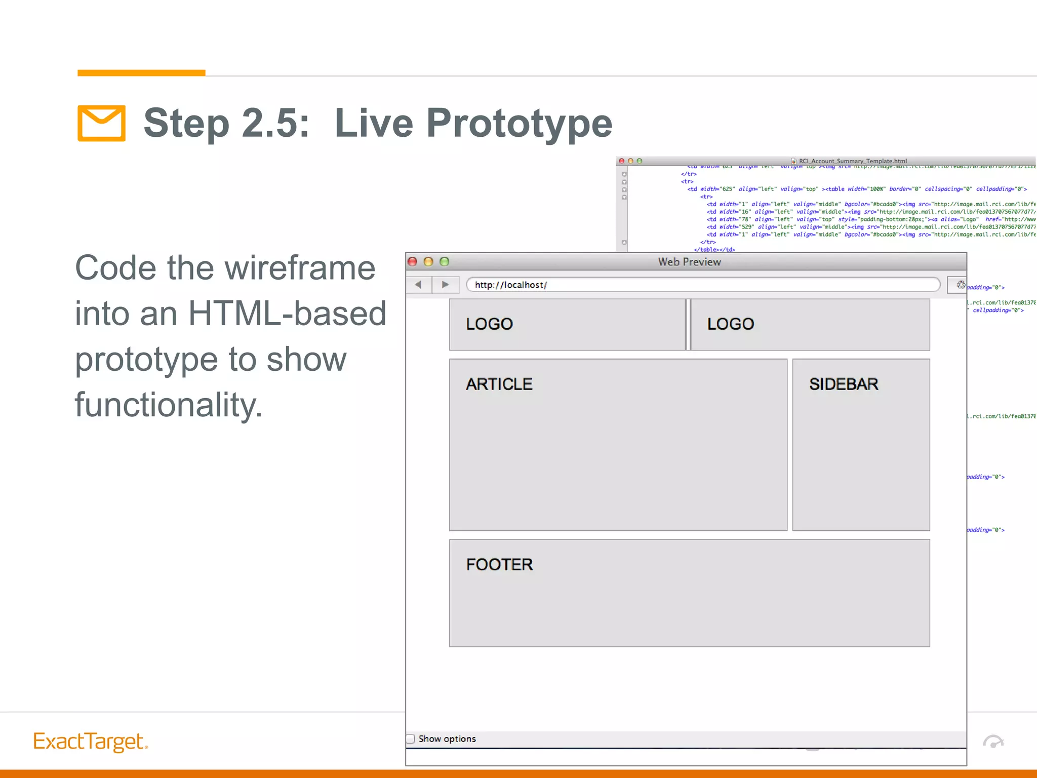 Code the wireframe
into an HTML-based
prototype to show
functionality.
Step 2.5: Live Prototype
 