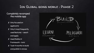 Ion Global going mobile : Phase 2
Completely revamped
the mobile app
✘ Only focused on
applicants
✘ Only 2 most frequently
used features - seach
and apply.
✘ Used Mobile UI
Framework - Ionic
✘ Took 4 months to build
and publish in stores
 