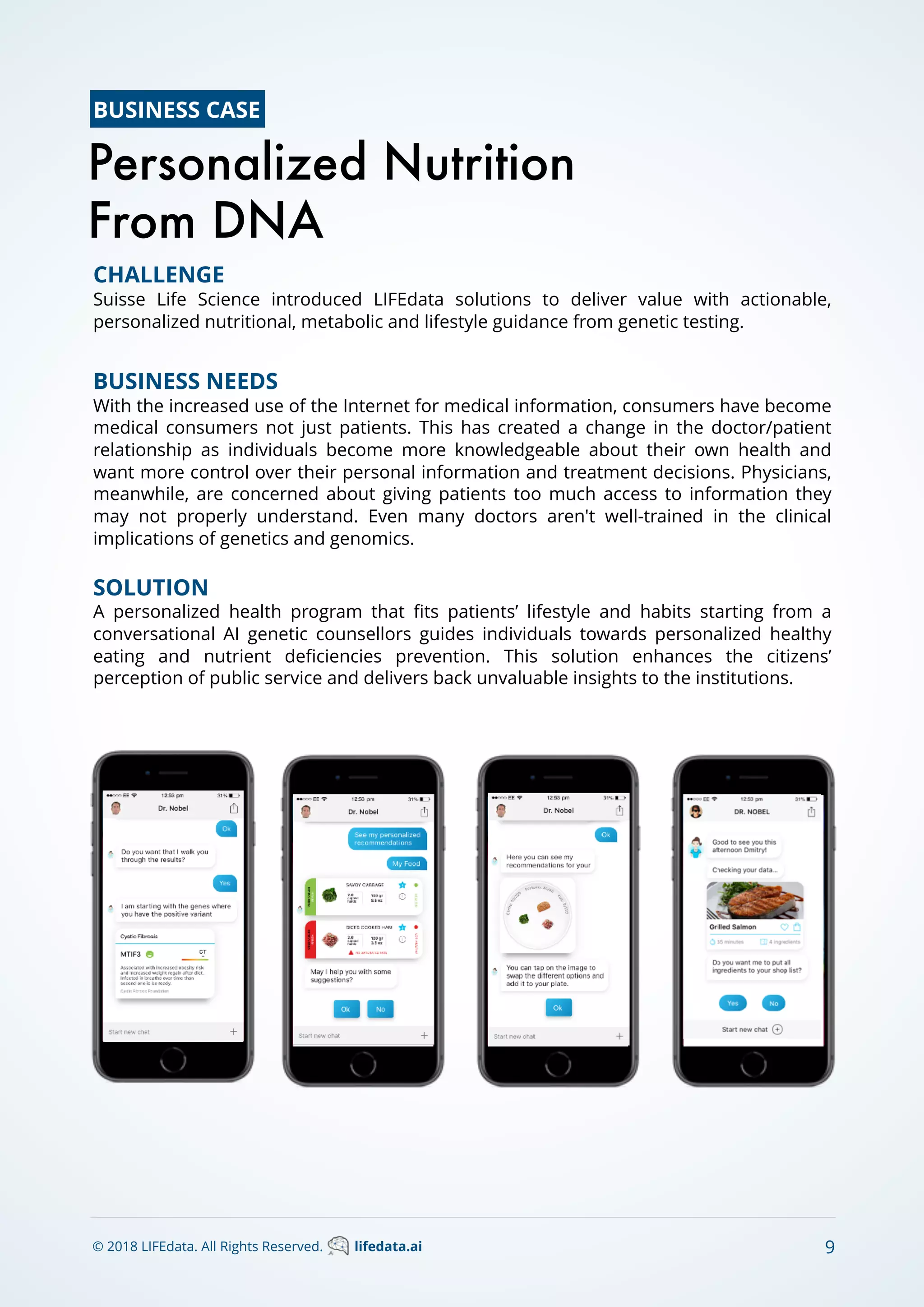 BUSINESS CASE
9
CHALLENGE
Suisse Life Science introduced LIFEdata solutions to deliver value with actionable,
personalized nutritional, metabolic and lifestyle guidance from genetic testing.
BUSINESS NEEDS
With the increased use of the Internet for medical information, consumers have become
medical consumers not just patients. This has created a change in the doctor/patient
relationship as individuals become more knowledgeable about their own health and
want more control over their personal information and treatment decisions. Physicians,
meanwhile, are concerned about giving patients too much access to information they
may not properly understand. Even many doctors aren't well-trained in the clinical
implications of genetics and genomics.  
SOLUTION
A personalized health program that ﬁts patients’ lifestyle and habits starting from a
conversational AI genetic counsellors guides individuals towards personalized healthy
eating and nutrient deﬁciencies prevention. This solution enhances the citizens’
perception of public service and delivers back unvaluable insights to the institutions.
Personalized Nutrition
From DNA
© 2018 LIFEdata. All Rights Reserved. lifedata.ai
 