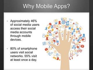 Why Mobile Apps?
• Approximately 46%
of social media users
access their social
media accounts
through mobile
devices.
• 80% of smartphone
users visit social
networks. 55% visit
at least once a day.
 