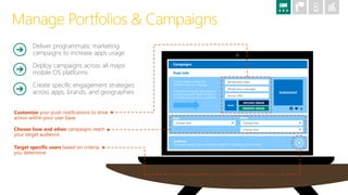 Manage Portfolios & Campaigns
Deliver programmatic marketing
campaigns to increase apps usage
Deploy campaigns across all major
mobile OS platforms
Create specific engagement strategies
across apps, brands, and geographies
x
Campaigns
SCREENSHOT
You are ready to design the
notification of your campaign.
Fill in the form on the right side and
use the preview to check the look of
our notification on various platforms.
Push Info
[Notification title]
[Notification message]
[Action URL]
IMAGE
UPLOAD IMAGE
REMOVE IMAGE
How When
Choose One Choose One
Choose One
Audience
To target specific users, refine your audience by adding a first criterion.
Target specific users based on criteria
you determine
Choose how and when campaigns reach
your target audience
Customize your push notifications to drive
action within your user base
 