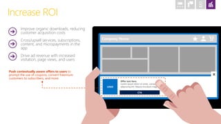 Increase ROI
CTA
LOGO
Offer text here.
Lorem ipsum dolor sit amet, consectetur
adipiscing elit. Mauris tincidunt magna,
Company Name
x
Improve organic downloads, reducing
customer acquisition costs
Cross/upsell services, subscriptions,
content, and micropayments in the
app
Drive ad revenue with increased
visitation, page views, and users
Push contextually aware offers to users to
prompt the use of coupons, convert freemium
customers to subscribers, and more
 