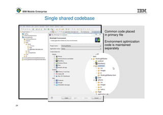 IBM Mobile Enterprise


                        Single shared codebase

                                                 Common code placed
                                                 in primary file

                                                 Environment optimization
                                                 code is maintained
                                                 separately




24
 