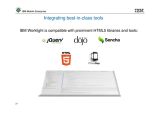 IBM Mobile Enterprise


                         Integrating best-in-class tools

     IBM Worklight is compatible with prominent HTML5 libraries and tools:




27
 