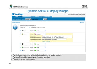 IBM Mobile Enterprise


                           Dynamic control of deployed apps




     • Centralized control of all installed applications and adapters
     • Remotely disable apps by device and version
     • Customize user messages

45
 