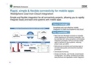 5
1

         IBM Mobile Enterprise


     Rapid, simple & flexible connectivity for mobile apps
     WebSphere Cast Iron Cloud integration
     Simple and flexible integration for all connectivity projects, allowing you to rapidly
     integrate SaaS and back-end systems with mobile apps

                                                      Client Challenge
                                                       Simplified and cost effective mobile
                                                       integration to back-end systems and cloud
                                                      Key Capabilities
                                                       • New Cast Iron Worklight connector to expedite
                                                         mobile applications connectivity challenges. Can
                                                         be extended with native connectors and template
                                                         integration processes (TIP’s) to connect mobile
                                                         apps to backend & cloud systems, reducing
                                                         project costs up to 80%
                                                       • Bidirectional connectivity and business logic to
                                                         increase data quality and streamline business
                                                         processes
                                                       • Centralized monitoring
                                                       • Simple and flexible, user-friendly, wizard-based,
                                                         “configuration, not coding” architecture provides
                                                         best-practices and repeatable mobile integration


    51
 