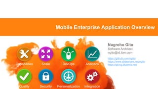 Mobile Enterprise Application Overview
DevOps
Personalization Integration
AnalyticsScale
Security
Capabilities
Quality
Nugroho Gito
Software Architect
ngito@id.ibm.com
https://github.com/ngito/
https://www.slideshare.net/ngito
https://git.ng.bluemix.net/
 