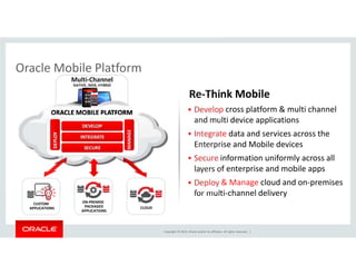 Re-Think Mobile 
 Develop cross platform  multi channel 
and multi device applications 
 Integrate data and services across the 
Enterprise and Mobile devices 
 Secure information uniformly across all 
layers of enterprise and mobile apps 
 Deploy  Manage cloud and on-premises 
for multi-channel delivery 
Copyright © 2014, Oracle and/or its affiliates. All rights reserved. | 
Oracle Mobile Platform 
Multi-Channel 
NATIVE, WEB, HYBRID 
ORACLE MMOOBBIILLEE PPLLAATTFFOORRMM 
DEVELOP 
INTEGRATE 
SECURE 
ON-PREMISE 
PACKAGED 
APPLICATIONS 
CUSTOM 
MANAGE 
DEPLOY 
APPLICATIONS CLOUD 
 