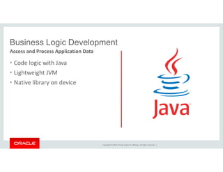 Business Logic Development 
Access and Process Application Data 
• Code logic with Java 
• Lightweight JVM 
• Native library on device 
Copyright © 2014, Oracle and/or its affiliates. All rights reserved. | 
 