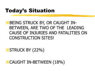 Today’s Situation
BEING STRUCK BY, OR CAUGHT IN-
BETWEEN, ARE TWO OF THE LEADING
CAUSE OF INJURIES AND FATALITIES ON
CONSTRUCTION SITES!
STRUCK BY (22%)
CAUGHT IN-BETWEEN (18%)
 