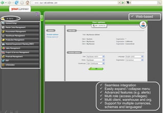 Seamless integration Easily expand / collapse menu Advanced features (e.g. alerts) Multi role (access privileges) Multi client, warehouse and org. Support for multiple currencies, schemas and languages! MASTER EC Web-based 