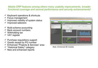 Mobile ERP features among others many usability improvements, broader functional coverage and several performance and security enhancements! Keyboard operations & shortcuts Focus management Improved visibility of system status Improved selectors Multi-schema accounting Bank account numbers Withholding tax VAT register Purchase requisitions support Goods receipt by PO number Enhanced “Projects & Services” area “ Historical Salary” category New and enhanced reports Note: Enhanced BI module 