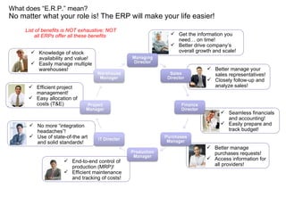 No matter what your role is! The ERP will make your life easier! What does “E.R.P.” mean? List of benefits is NOT exhaustive; NOT all ERPs offer all these benefits  Get the information you need… on time! Better drive company’s overall growth and scale! Better manage your sales representatives! Closely follow-up and analyze sales! Seamless financials and accounting! Easily prepare and track budget! Better manage purchases requests! Access information for all providers! End-to-end control of production (MRP)! Efficient maintenance and tracking of costs! No more “integration headaches”!  Use of state-of-the art and solid standards! Efficient project management! Easy allocation of costs (T&E) Knowledge of stock availability and value! Easily manage multiple warehouses! 