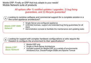 Mobile ERP SMB Network All options offer 1) certified updates / upgrades, 2) bug fixing guarantees, and 3) lifecycle guarantee!  Single Server pre-configured appliance Unlimited licenses, support and extended bug fixing guarantees for all stack Administration console to facilitate the maintenance and updating tasks Mobile ERP Basic Network Mobile ERP only Single or Multi-Server Architecture  Included support for Mobile ERP on a variety of environments: Windows/Linux, Oracle/Postgre DDBb and Apache Tomcat Looking to combine software and commercial support for a complete solution in a fine tuned appliance architecture? Looking for support with complex hardware configurations or who require the freedom to configure the environment to their specifications? Mobile Network suite of products A B Mobile ERP: Finally an ERP that truly adapts to your needs! 