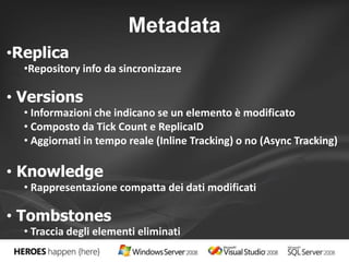 Metadata 
•Replica 
•Repository info da sincronizzare 
• Versions 
• Informazioni che indicano se un elemento è modificato 
• Composto da Tick Count e ReplicaID 
• Aggiornati in tempo reale (Inline Tracking) o no (Async Tracking) 
• Knowledge 
• Rappresentazione compatta dei dati modificati 
• Tombstones 
• Traccia degli elementi eliminati 
 
