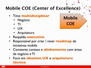 Mobile COE (Center of Excellence)
 • Time multidisciplinar
    • Negócio
                                   Mobile
    • TI                             COE
    • UX
    • Arquitetura
 • Respaldo executivo
 • Responsável por criar / rever roadmap de
   iniciativas mobile
 • Constante contato e alinhamento com áreas
   de negócio e TI
 • Foco em ideation, UX e arquitetura técnica
 
