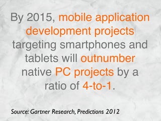 By 2015, mobile application
   development projects
targeting smartphones and
   tablets will outnumber
  native PC projects by a
       ratio of 4-to-1.

Source: Gartner Research, Predictions
 