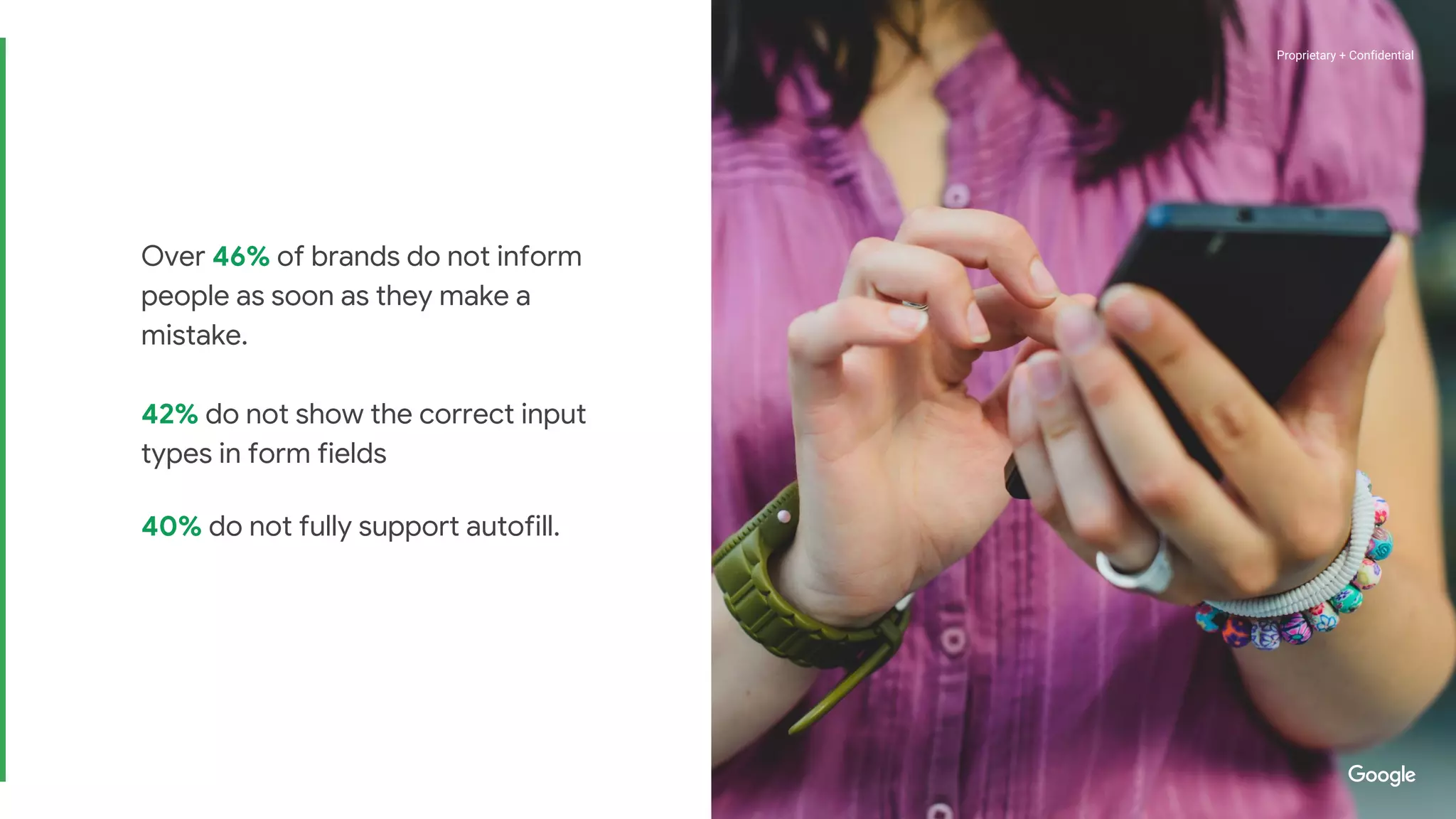 Proprietary + ConfidentialProprietary + Confidential
Over 46% of brands do not inform
people as soon as they make a
mistake.
42% do not show the correct input
types in form fields
40% do not fully support autofill.
Proprietary + Confidential
 