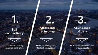 Confidential + Proprietary
Full
connectivity
Affordable
technology
Abundance
of data
Mobile Mobile is entry point
for tech innovation
All the world’s information
in our pockets
 