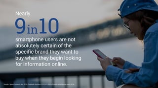 Proprietary + ConfidentialGoogle / Ipsos Connect, Jan. 2018, Playbook Omnibus 2018, n=1,604 US online smartphone users, A18+
Nearly
smartphone users are not
absolutely certain of the
specific brand they want to
buy when they begin looking
for information online.
9 10in
 