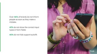 Proprietary + ConfidentialProprietary + Confidential
Over 46% of brands do not inform
people as soon as they make a
mistake.
42% do not show the correct input
types in form fields
40% do not fully support autofill.
Proprietary + Confidential
 