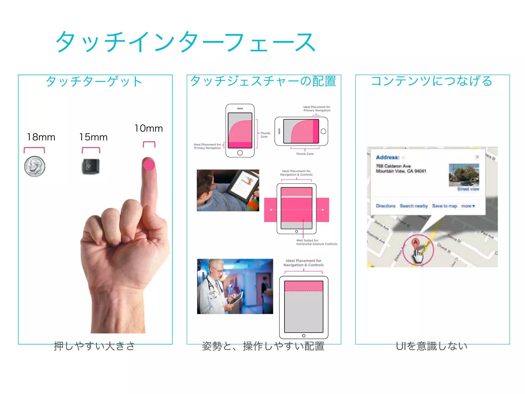 P.231 より

「人間は実際に見なくても、どこで何が起こっているかをとても
正しく把握することができます。消防車の音、ゴミの臭い、地震の
揺れ。私たちは感覚を使って本能的に身のまわりの状況を把握して
います」
P.232より

「モバイルUXをデザインする際に考慮すべき、十分に活用されて
いない3つの感覚をとりあげます。それは、タッチ、ジェス
チャー、音声とサウンドです」

 