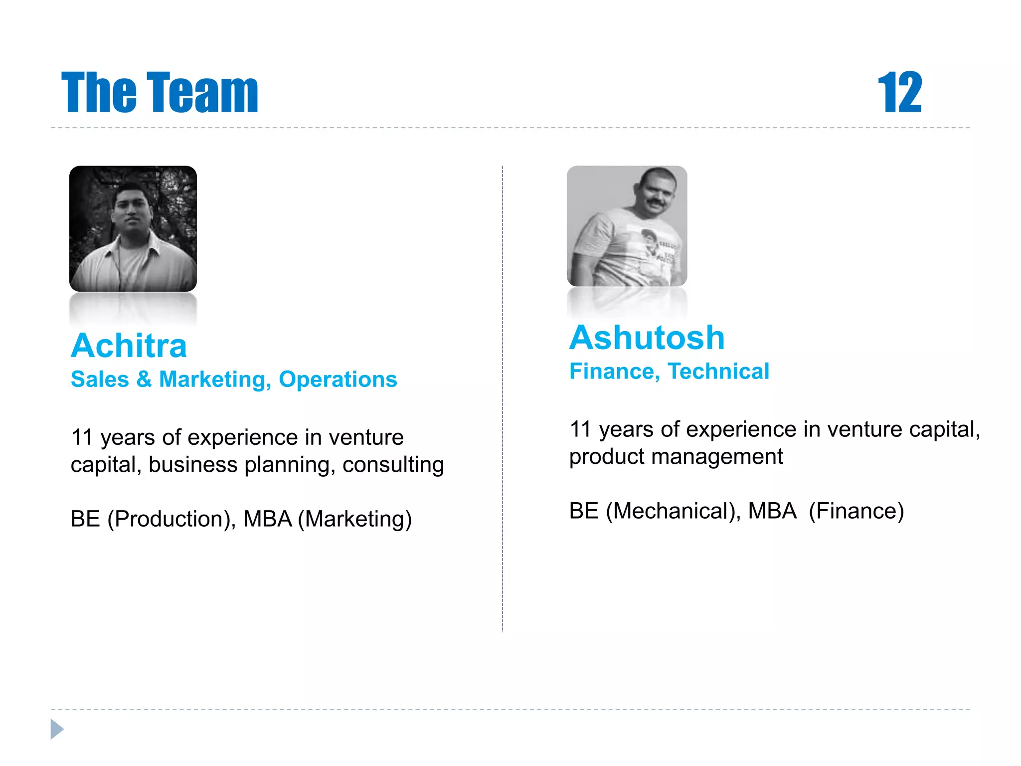 The Team 12
Ashutosh
Finance, Technical
11 years of experience in venture capital,
product management
BE (Mechanical), MBA (Finance)
Achitra
Sales & Marketing, Operations
11 years of experience in venture
capital, business planning, consulting
BE (Production), MBA (Marketing)
 