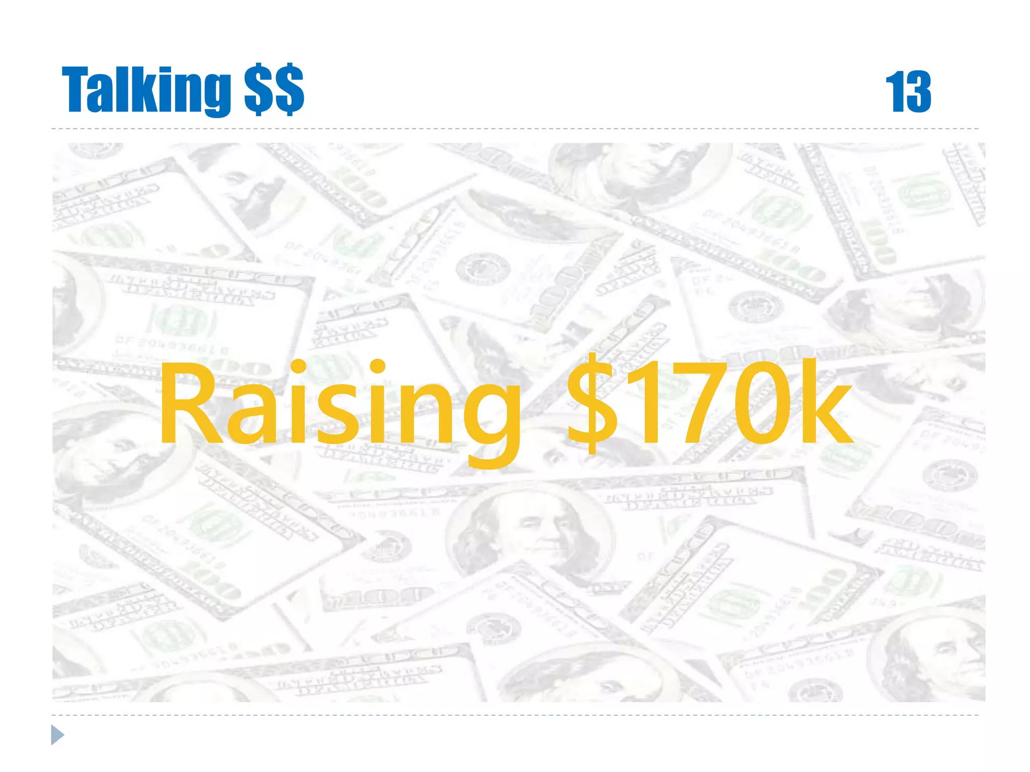 Talking $$ 13
Raising $170k
 