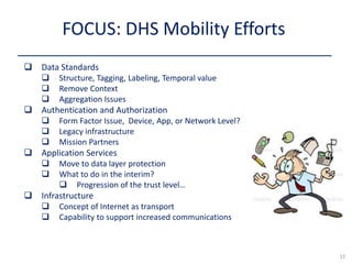 FOCUS: DHS Mobility Efforts
15
 Data Standards
 Structure, Tagging, Labeling, Temporal value
 Remove Context
 Aggregation Issues
 Authentication and Authorization
 Form Factor Issue, Device, App, or Network Level?
 Legacy infrastructure
 Mission Partners
 Application Services
 Move to data layer protection
 What to do in the interim?
 Progression of the trust level…
 Infrastructure
 Concept of Internet as transport
 Capability to support increased communications
 