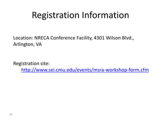 Registration Information
88
Location: NRECA Conference Facility, 4301 Wilson Blvd.,
Arlington, VA
Registration site:
http://www.sei.cmu.edu/events/msra-workshop-form.cfm
 
