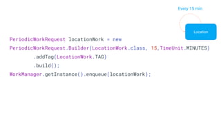 PeriodicWorkRequest locationWork = new
PeriodicWorkRequest.Builder(LocationWork.class, 15,TimeUnit.MINUTES)
.addTag(LocationWork.TAG)
.build();
WorkManager.getInstance().enqueue(locationWork);
Location
Every 15 min
 