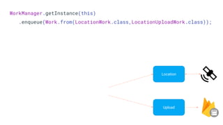 WorkManager.getInstance(this)
.enqueue(Work.from(LocationWork.class,LocationUploadWork.class));
Upload
Location
 