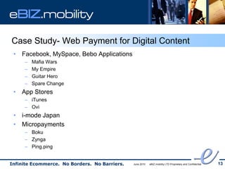 eBIZ.mobility

Case Study- Web Payment for Digital Content
 • Facebook, MySpace, Bebo Applications
     –   Mafia Wars
     –   My Empire
     –   Guitar Hero
     –   Spare Change
 • App Stores
     – iTunes
     – Ovi
 • i-mode Japan
 • Micropayments
     – Boku
     – Zynga
     – Ping.ping


Infinite Ecommerce. No Borders. No Barriers.   June 2010   eBIZ.mobility LTD Proprietary and Confidential   13
 