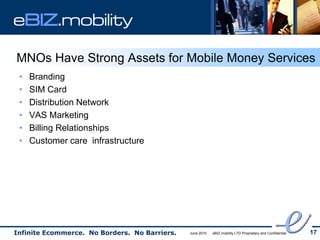 eBIZ.mobility

MNOs Have Strong Assets for Mobile Money Services
 •   Branding
 •   SIM Card
 •   Distribution Network
 •   VAS Marketing
 •   Billing Relationships
 •   Customer care infrastructure




Infinite Ecommerce. No Borders. No Barriers.   June 2010   eBIZ.mobility LTD Proprietary and Confidential   17
 