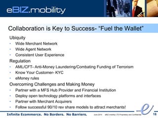 eBIZ.mobility

Collaboration is Key to Success- “Fuel the Wallet”
 Ubiquity
 •   Wide Merchant Network
 •   Wide Agent Network
 •   Consistent User Experience
 Regulation
 •   AML/CFT- Anti-Money Laundering/Combating Funding of Terrorism
 •   Know Your Customer- KYC
 •   eMoney rules
 Overcoming Challenges and Making Money
 •   Partner with a MFS Hub Provider and Financial Institution
 •   Deploy open technology platforms and interfaces
 •   Partner with Merchant Acquirers
 •   Follow successful 90/10 rev share models to attract merchants!
Infinite Ecommerce. No Borders. No Barriers.     June 2010   eBIZ.mobility LTD Proprietary and Confidential   18
 