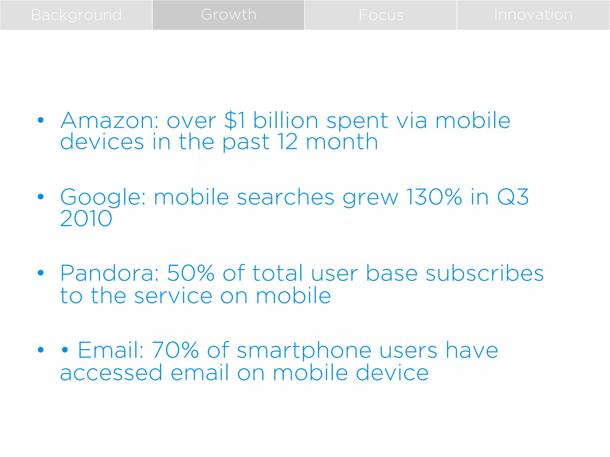 Background

Growth

Focus

Innovation

•  Amazon: over $1 billion spent via mobile
devices in the past 12 month
•  Google: mobile searches grew 130% in Q3
2010
•  Pandora: 50% of total user base subscribes
to the service on mobile
•  • Email: 70% of smartphone users have
accessed email on mobile device

 