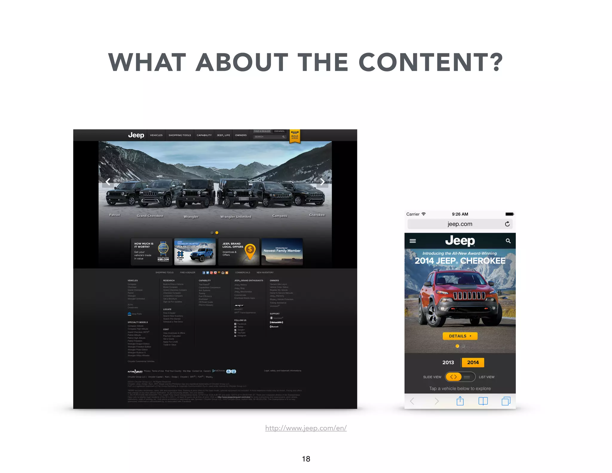 WHAT ABOUT THE CONTENT?

http://www.jeep.com/en/

18

 