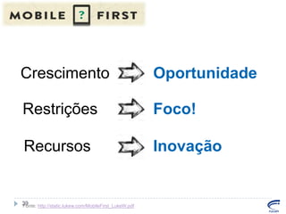 Crescimento

Oportunidade

Restrições

Foco!

Recursos

Inovação

39
Fonte: http://static.lukew.com/MobileFirst_LukeW.pdf

 