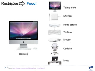 Restrições

Foco!
Tela grande

Energia

Rede estável
Teclado
Mouse

Cadeira
Desktop
Mesa
51
Fonte: http://static.lukew.com/MobileFirst_LukeW.pdf

 
