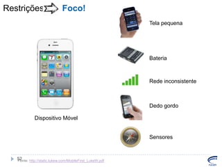 Restrições

Foco!
Tela pequena

Bateria

Rede inconsistente

Dedo gordo
Dispositivo Móvel

Sensores

52
Fonte: http://static.lukew.com/MobileFirst_LukeW.pdf

 