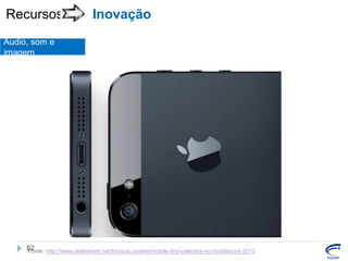 Recursos

Inovação

Áudio, som e
imagem

62
Fonte: http://www.slideshare.net/horacio.soares/mobile-first-palestra-no-mobileconf-2013

 