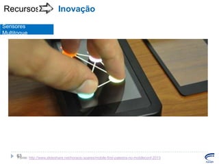 Recursos

Inovação

Sensores
Multitoque

63
Fonte: http://www.slideshare.net/horacio.soares/mobile-first-palestra-no-mobileconf-2013

 