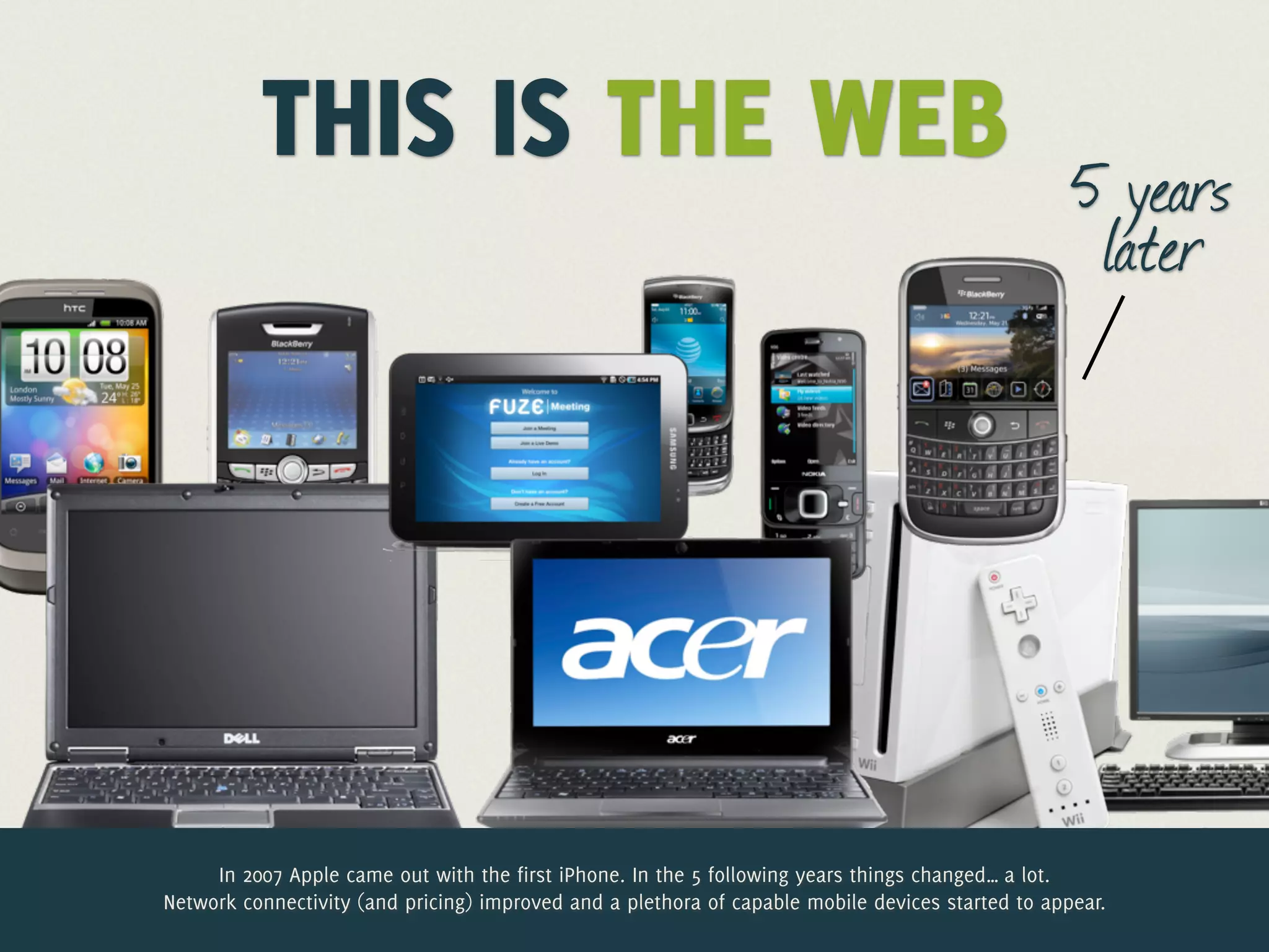 THIS IS THE WEB                                                                          5 years
                                                                                                    later




     In 2007 Apple came out with the first iPhone. In the 5 following years things changed… a lot.
Network connectivity (and pricing) improved and a plethora of capable mobile devices started to appear.
 
