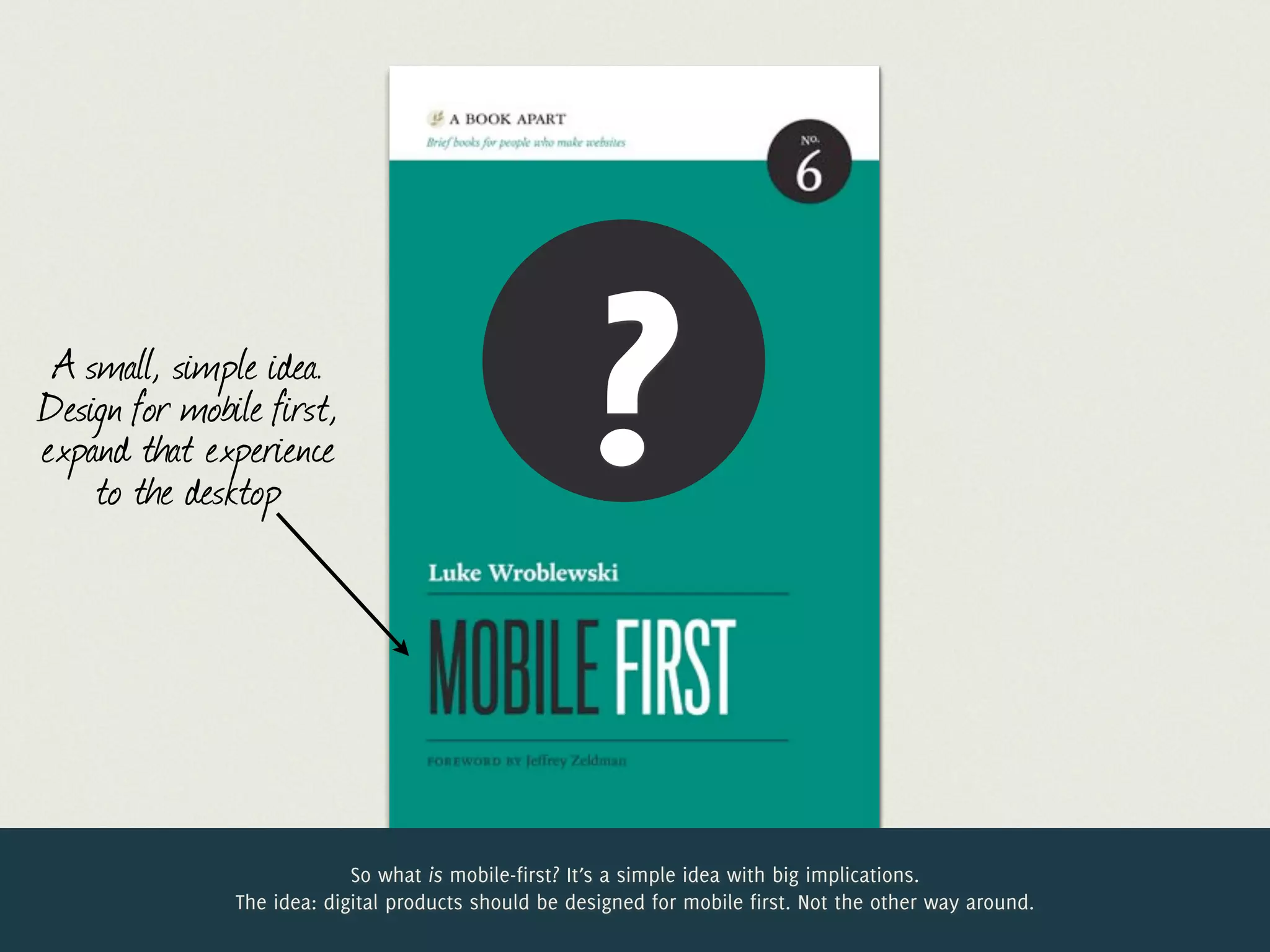 Jelle @lukew
                    @jdesramaults
                         Desramaults
 A small, simple idea.
Design for mobile first,
expand that experience
    to the desktop
                                                      ?
                            So what is mobile-first? It’s a simple idea with big implications.
               The idea: digital products should be designed for mobile first. Not the other way around.
 