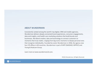 ABOUT	
  WUNDERMAN	
  
©2015	
  Wunderman.	
  All	
  Rights	
  Reserved.	
  	
  
Consistently	
  ranked	
  among	
  the	
  world’s	
  top	
  digital,	
  CRM	
  and	
  mobile	
  agencies,	
  
Wunderman	
  delivers	
  deeply	
  connected	
  brand	
  experiences,	
  consumer	
  engagements,	
  
data	
  and	
  insights,	
  and	
  health	
  care	
  marke=ng	
  solu=ons	
  that	
  build	
  brands	
  and	
  
businesses.	
  We	
  blend	
  crea=ve,	
  data	
  and	
  technology	
  to	
  connect	
  customers	
  to	
  
moments	
  that	
  truly	
  majer,	
  ranging	
  from	
  big	
  iconic	
  moments	
  to	
  deeply	
  personal	
  ones	
  
that	
  recognize	
  individuality.	
  Founded	
  by	
  Lester	
  Wunderman	
  in	
  1958,	
  the	
  agency	
  now	
  
has	
  170	
  oﬃces	
  in	
  60	
  countries.	
  Wunderman	
  is	
  part	
  of	
  WPP	
  (NASDAQ:	
  WPPGY)	
  and	
  
Young	
  &	
  Rubicam	
  Group.	
  	
  
	
  
Learn	
  more	
  at	
  www.wundermanLA.com.	
  
 