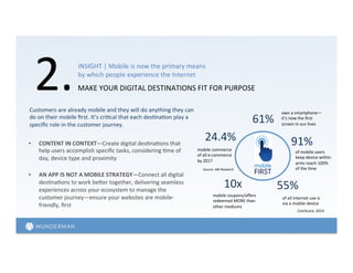 2.	
  
91%	
  
of	
  mobile	
  users	
  
keep	
  device	
  within	
  
arms	
  reach	
  100%	
  
of	
  the	
  =me	
  	
  
24.4%	
  
mobile	
  commerce	
  
of	
  all	
  e-­‐commerce	
  
by	
  2017	
  
10x	
  
mobile	
  coupons/oﬀers	
  
redeemed	
  MORE	
  than	
  
other	
  mediums	
  	
  
61%	
  
own	
  a	
  smartphone—
it’s	
  now	
  the	
  ﬁrst	
  
screen	
  in	
  our	
  lives	
  
55%	
  
of	
  all	
  Internet	
  use	
  is	
  
via	
  a	
  mobile	
  device	
  	
  
Customers	
  are	
  already	
  mobile	
  and	
  they	
  will	
  do	
  anything	
  they	
  can	
  
do	
  on	
  their	
  mobile	
  ﬁrst.	
  It’s	
  cri=cal	
  that	
  each	
  des=na=on	
  play	
  a	
  
speciﬁc	
  role	
  in	
  the	
  customer	
  journey.	
  
•  CONTENT	
  IN	
  CONTEXT—Create	
  digital	
  des=na=ons	
  that	
  
help	
  users	
  accomplish	
  speciﬁc	
  tasks,	
  considering	
  =me	
  of	
  
day,	
  device	
  type	
  and	
  proximity	
  
•  AN	
  APP	
  IS	
  NOT	
  A	
  MOBILE	
  STRATEGY—Connect	
  all	
  digital	
  
des=na=ons	
  to	
  work	
  bejer	
  together,	
  delivering	
  seamless	
  
experiences	
  across	
  your	
  ecosystem	
  to	
  manage	
  the	
  
customer	
  journey—ensure	
  your	
  websites	
  are	
  mobile-­‐
friendly,	
  ﬁrst	
  
INSIGHT	
  |	
  Mobile	
  is	
  now	
  the	
  primary	
  means	
  
by	
  which	
  people	
  experience	
  the	
  Internet	
  
MAKE	
  YOUR	
  DIGITAL	
  DESTINATIONS	
  FIT	
  FOR	
  PURPOSE	
  
Source:	
  ABI	
  Research	
  	
  
ComScore,	
  2014	
  
 